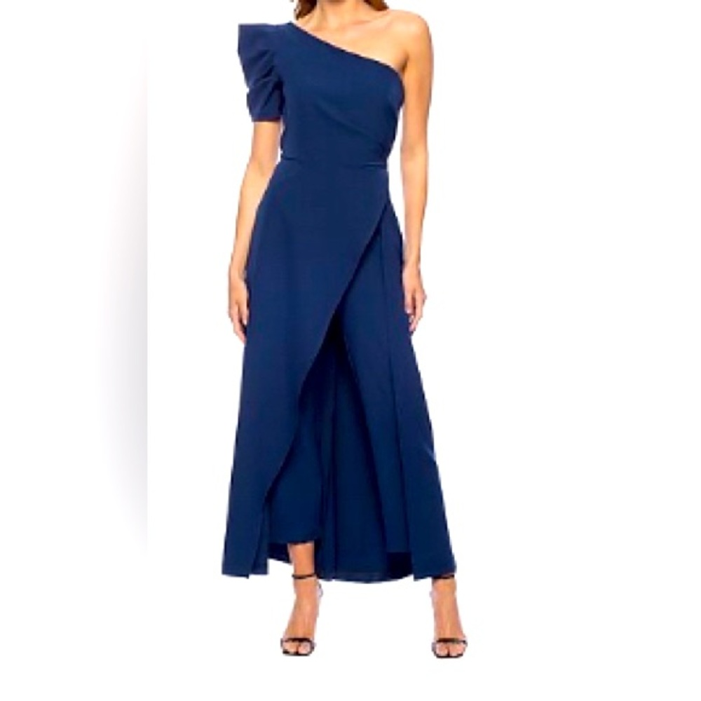 Marina Navy One Shoulder Draped Jumpsuit